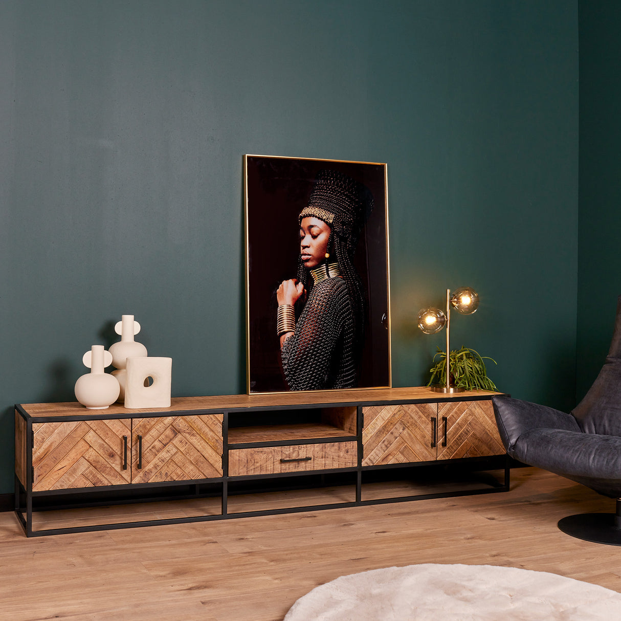 Tv-meubel - Naturel - Mangohout - 240 cm - Visgraat - 2 Deuren - 1 Lade