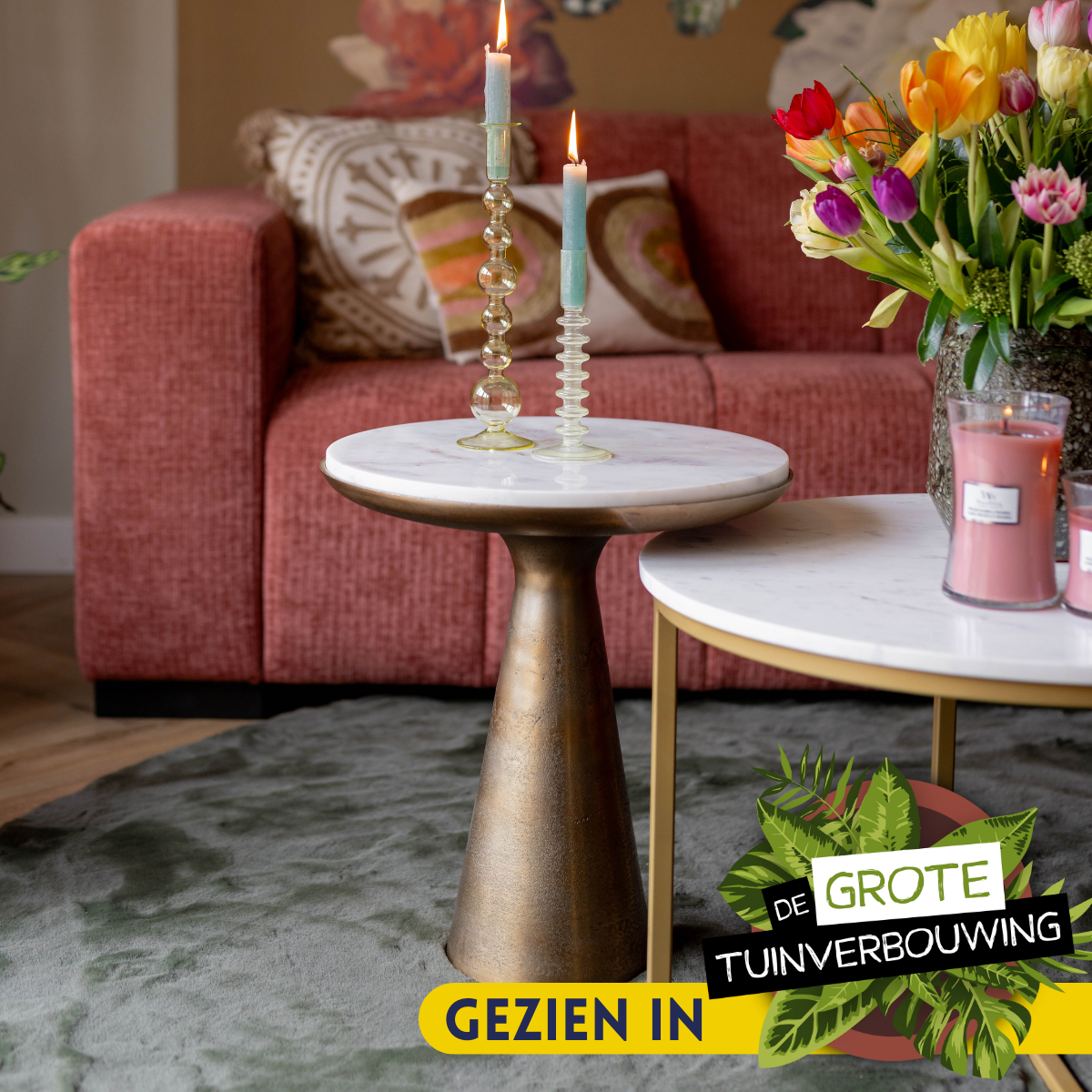 Bijzettafel - Wit Marmer - Metaal - Goud - 45 cm