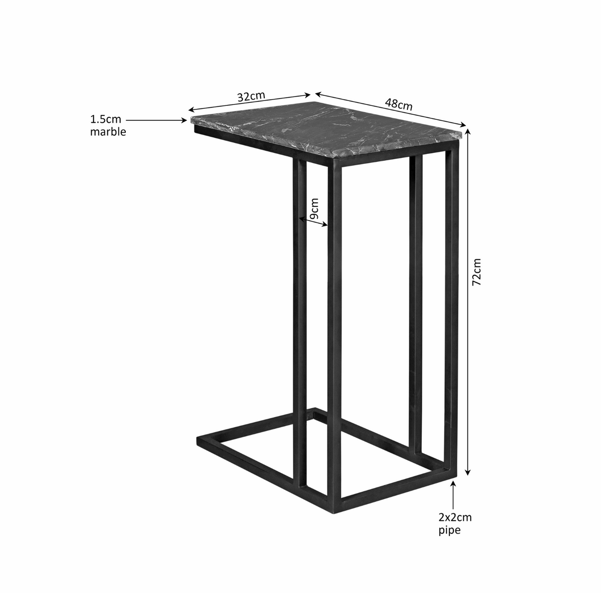 Slider Bijzettafel - Zwart Marmer - 48 cm - Industrieel - Metaal