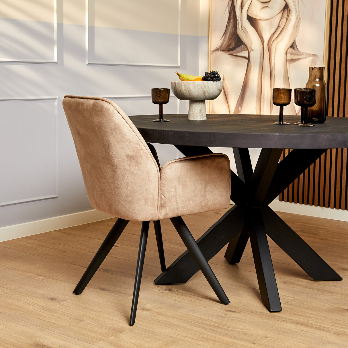Eetkamerstoel - Beige - Velvet - Metaal - 60 cm - Set van 2