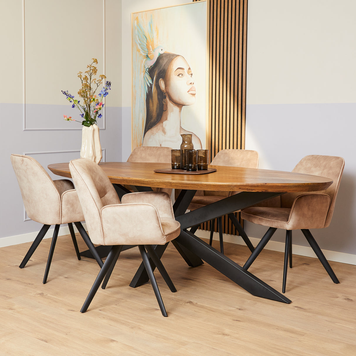 Eetkamerstoel - Beige - Velvet - Metaal - 60 cm - Set van 2