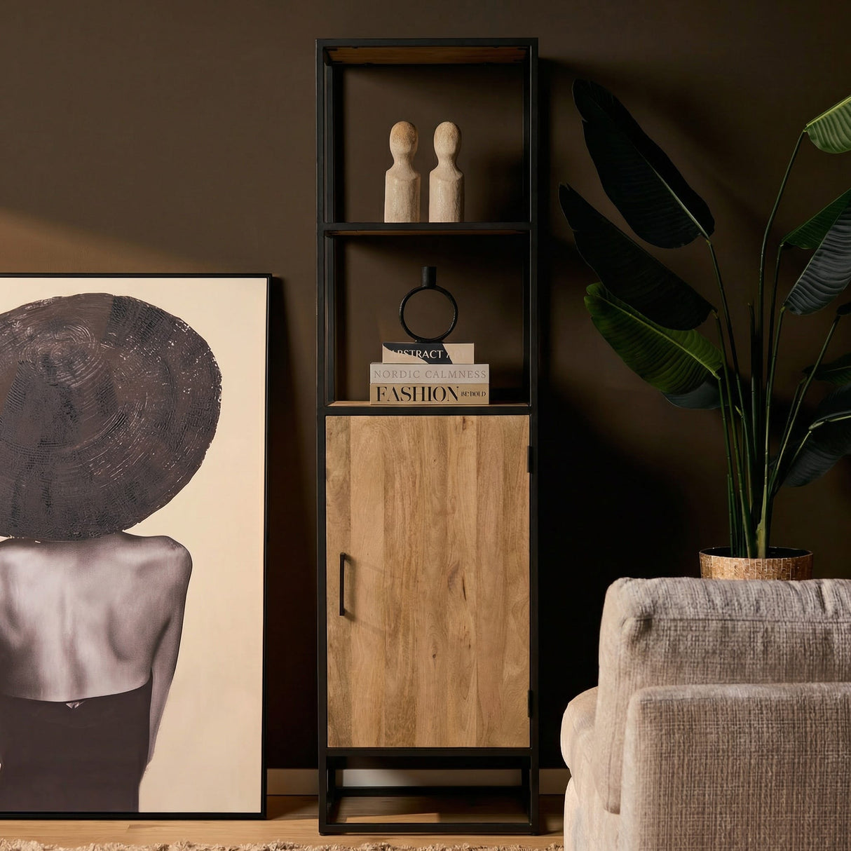 Boekenkast - Naturel - Mangohout - 55 cm - 1 Deur Bookcases & Standing Shelves Starfurn