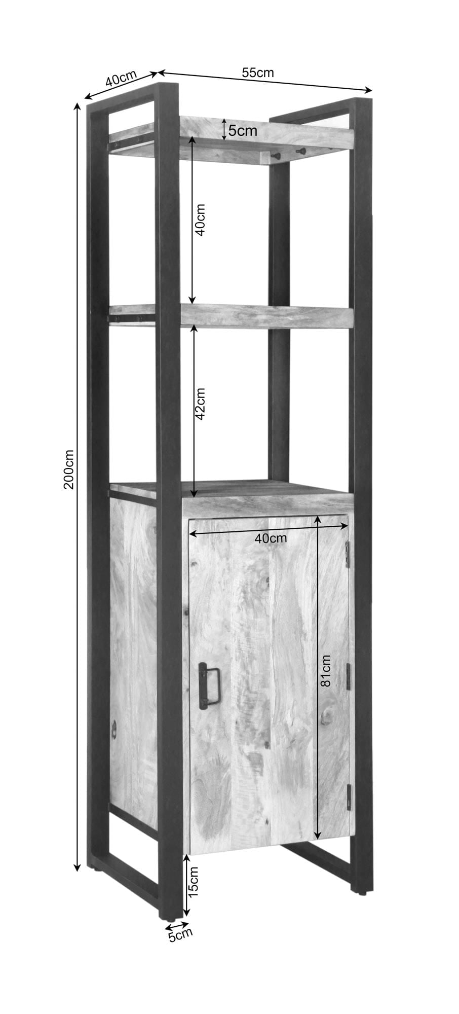 Boekenkast - Naturel Mangohout - 55x200 cm - 1 Deur & 2 Open Vakken Bookcases & Standing Shelves Starfurn