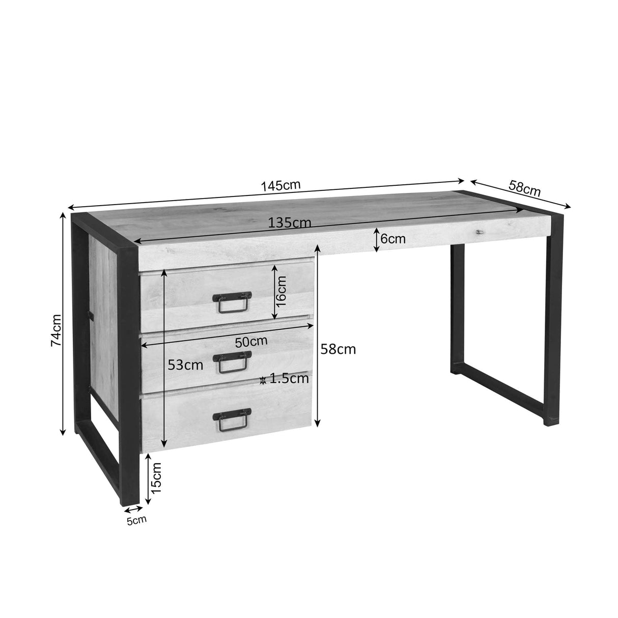 Bureau - Naturel Mangohout - 145x58 cm - 3 Laden & Industrieel Frame Desks Starfurn