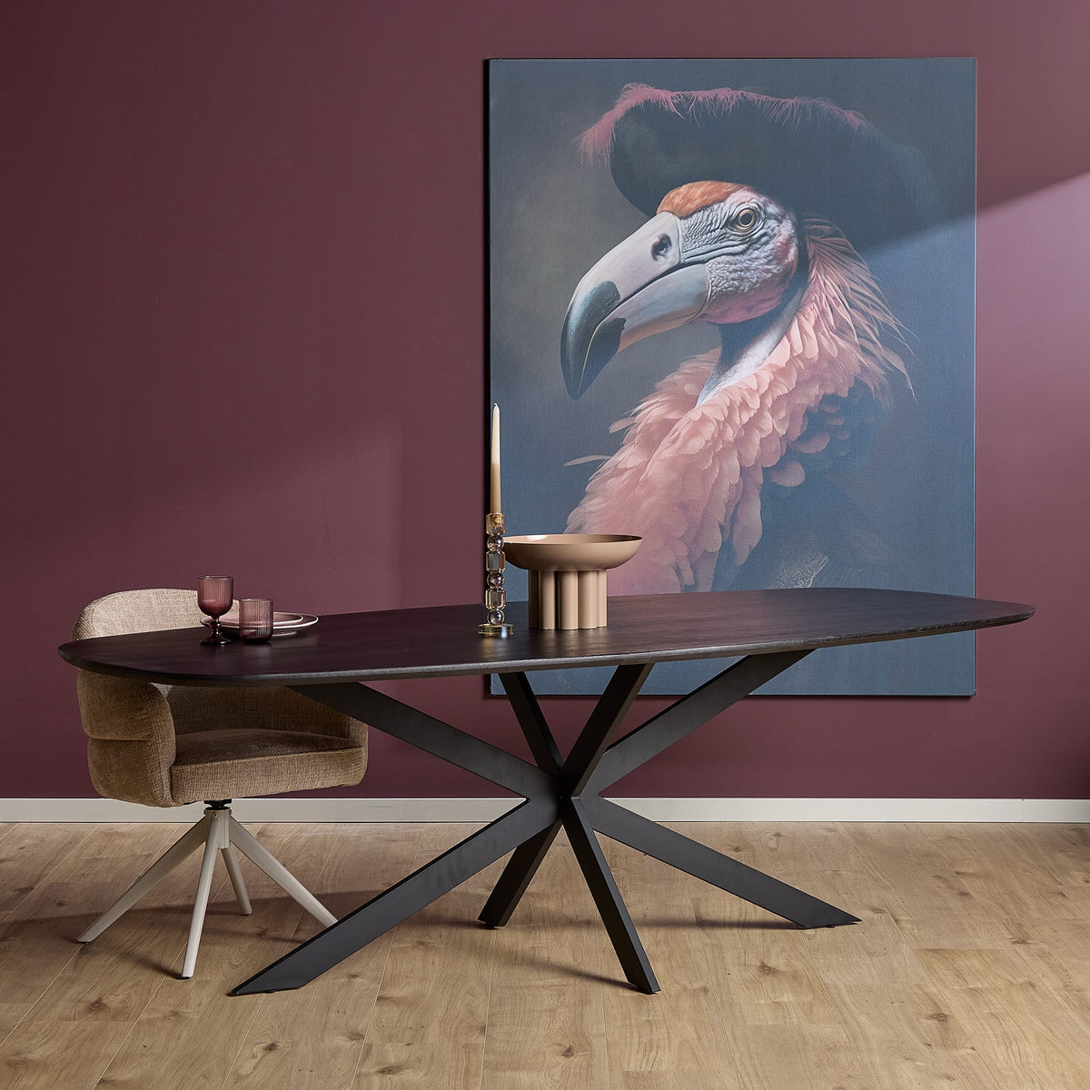 Deens ovale eettafel met massief eiken blad en stalen onderstel, 200 cm