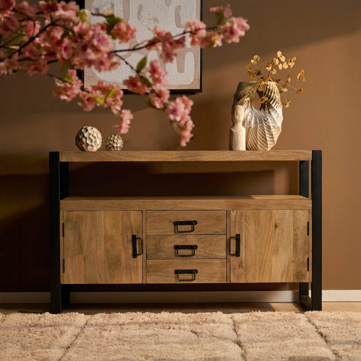 Dressoir - Naturel Mangohout - 135x80 cm - 2 Deuren & 3 Laden Storage Cabinets & Lockers Starfurn