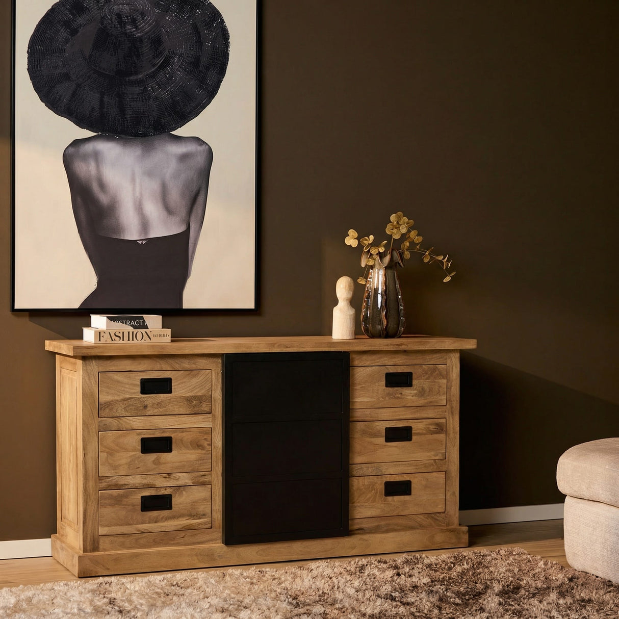 Dressoir - Naturel Mangohout - 160x45 cm - Met Schuifdeur en 6 Lades Dressers Starfurn