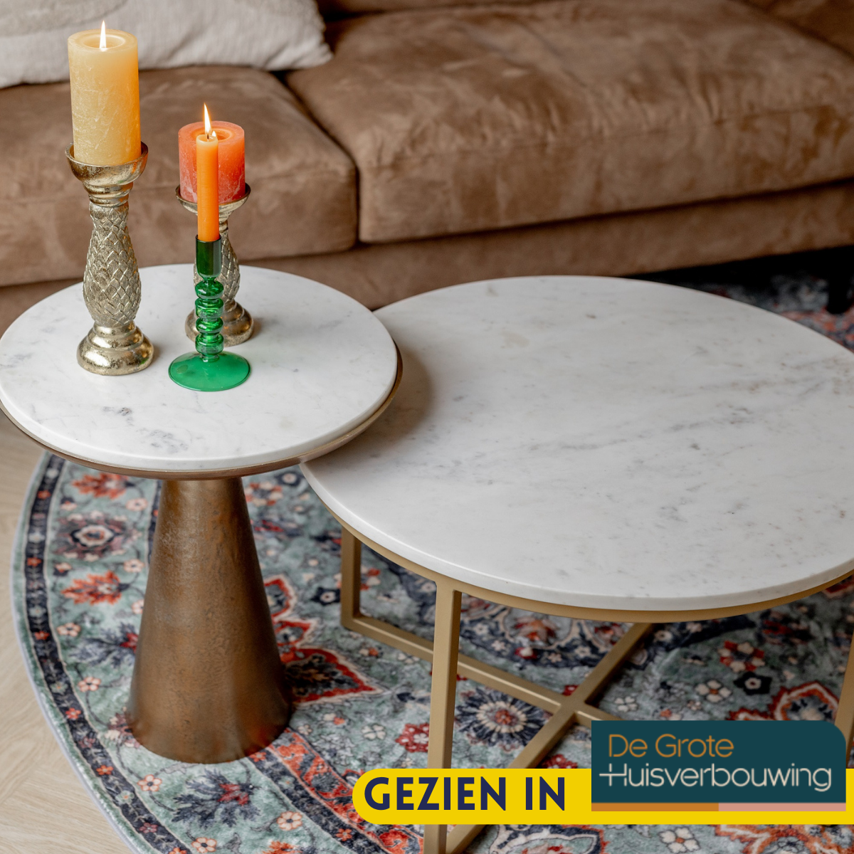 Bijzettafel - Wit Marmer - Metaal - Goud - 45 cm