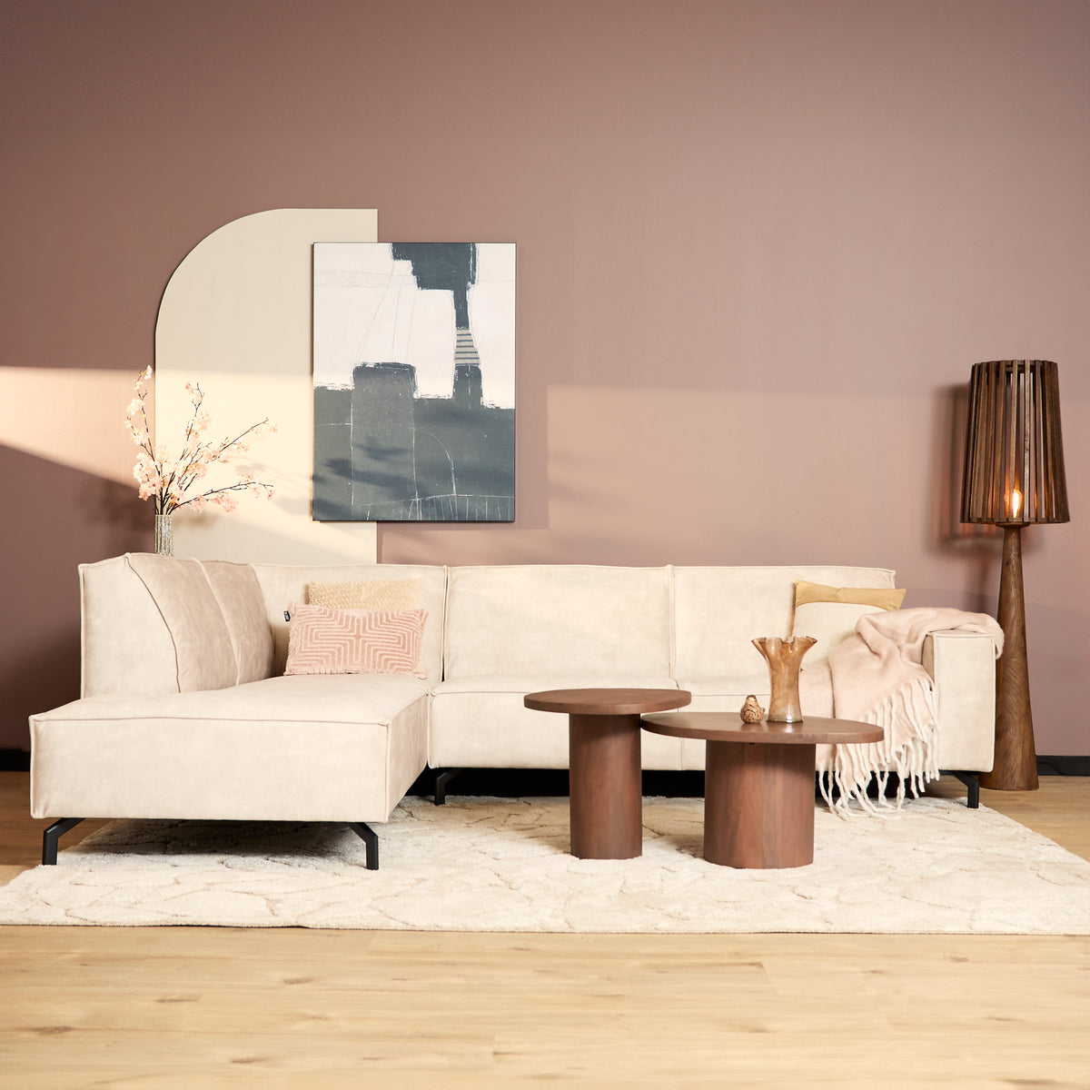 Hoekbank van beige velvet met strakke lijnen, 2,5-zits met divan links, foto 3