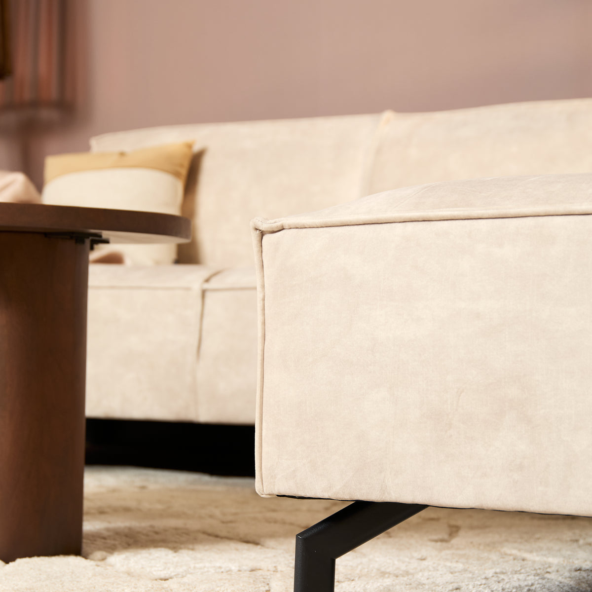 Hoekbank van beige velvet met strakke lijnen, 2,5-zits met divan rechts, foto 6