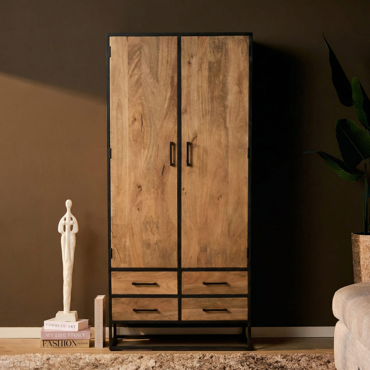 Kabinet - Naturel - Mangohout - 90 cm - 2 Deuren - 4 Lades Double Wardrobes Starfurn