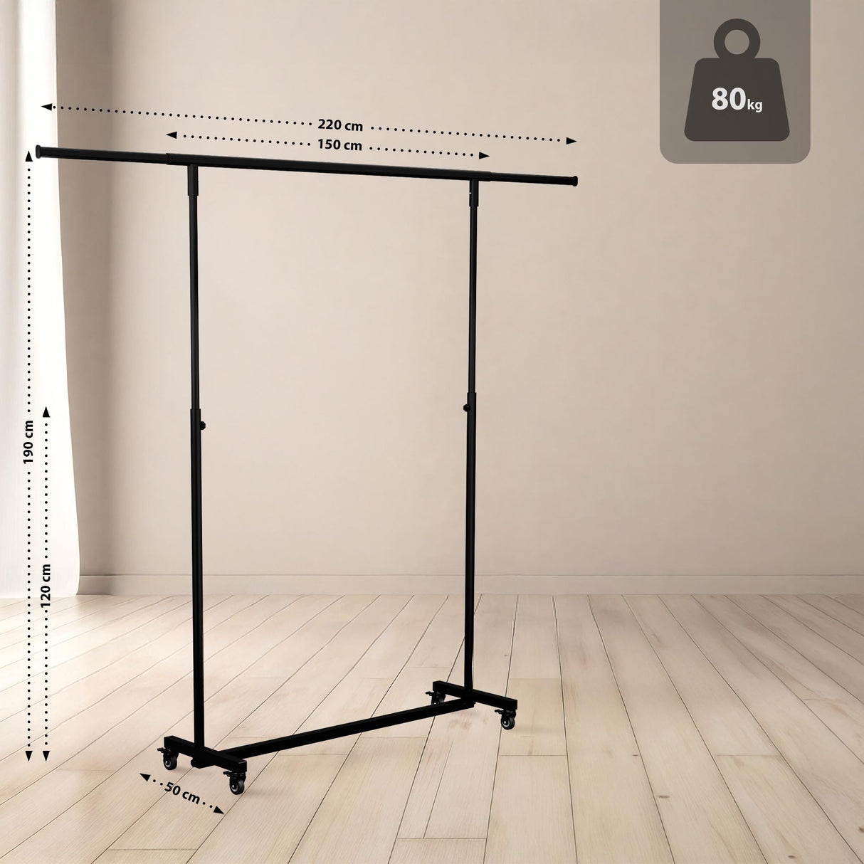 Kledingrek Soran Zwart – Verstelbaar & Verrijdbaar – Metaal – Modern Design Kapstok Knuska