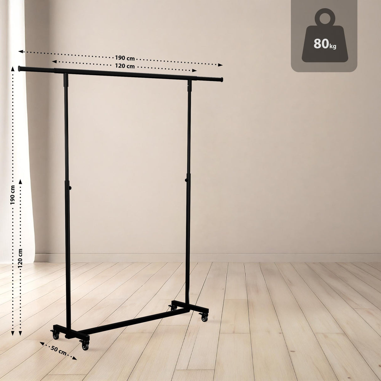 Kledingrek Soran Zwart – Verstelbaar & Verrijdbaar – Metaal – Modern Design Kapstok Knuska