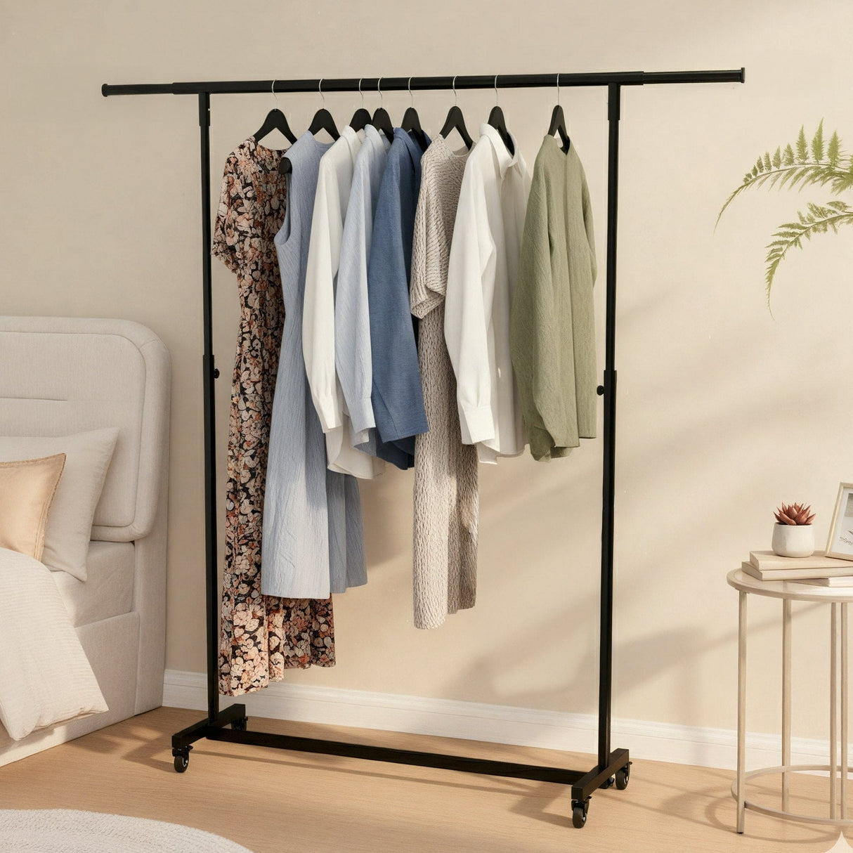 Kledingrek Soran Zwart – Verstelbaar & Verrijdbaar – Metaal – Modern Design Kapstok Knuska