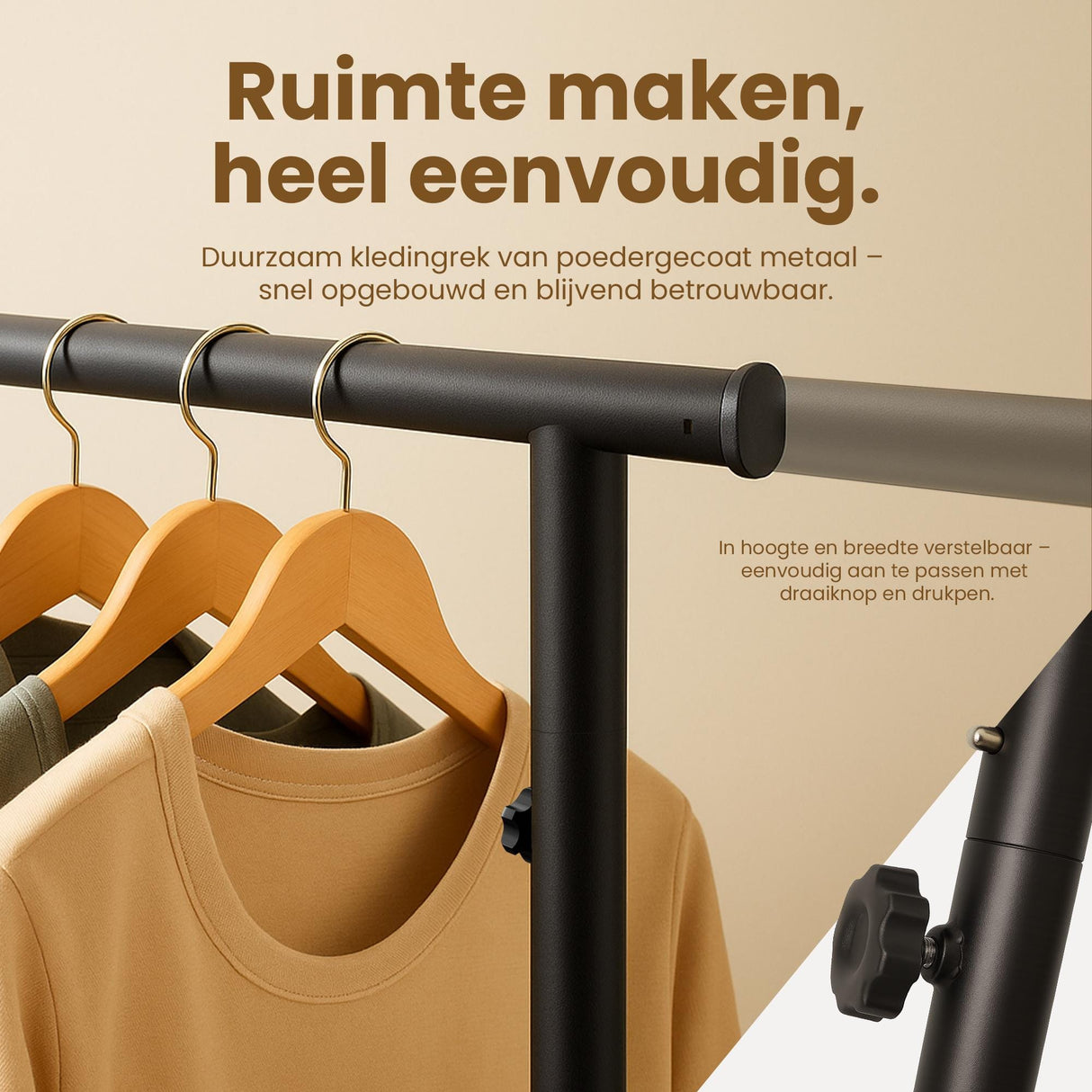 Kledingrek Soran Zwart – Verstelbaar & Verrijdbaar – Metaal – Modern Design Kapstok Knuska