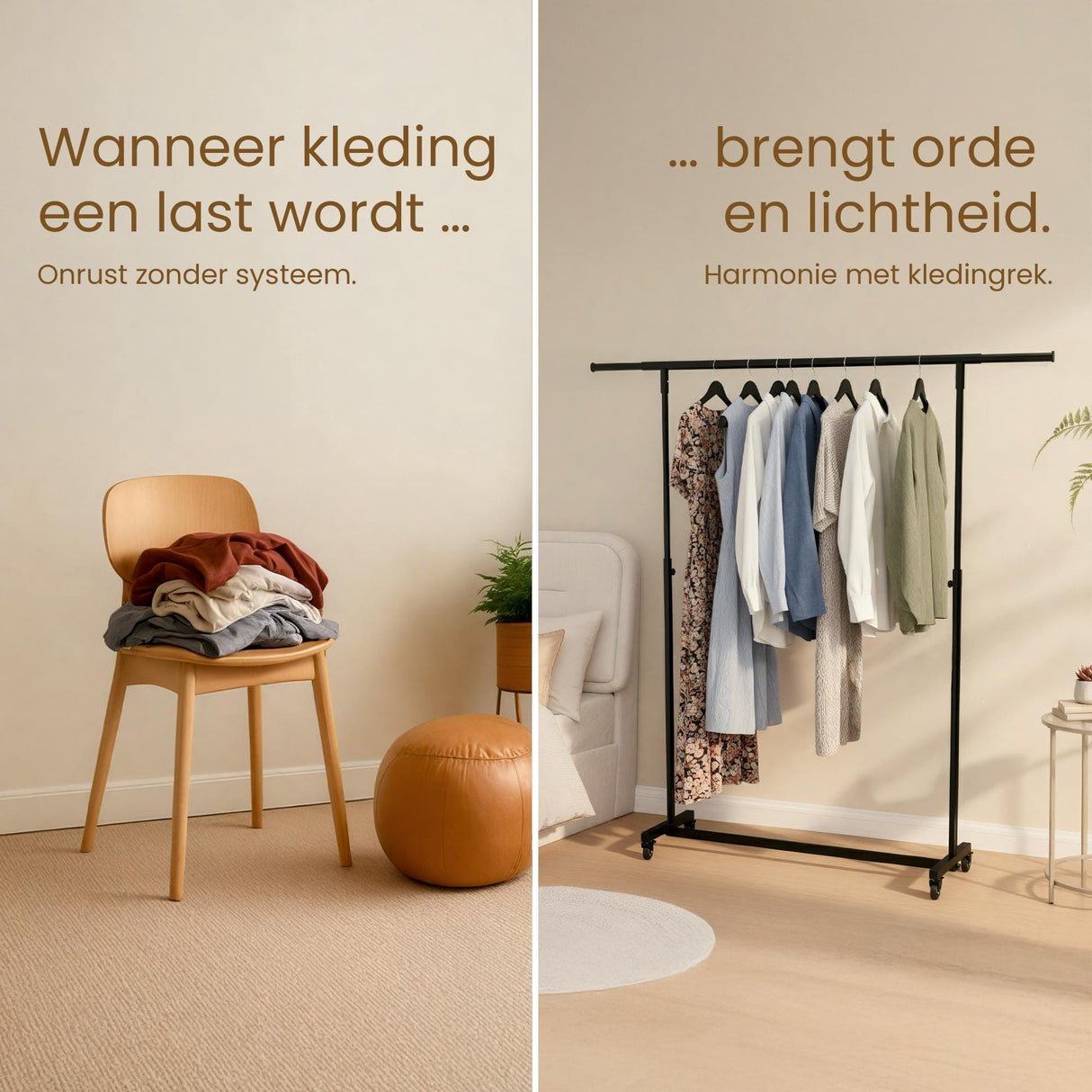 Kledingrek Soran Zwart – Verstelbaar & Verrijdbaar – Metaal – Modern Design Kapstok Knuska