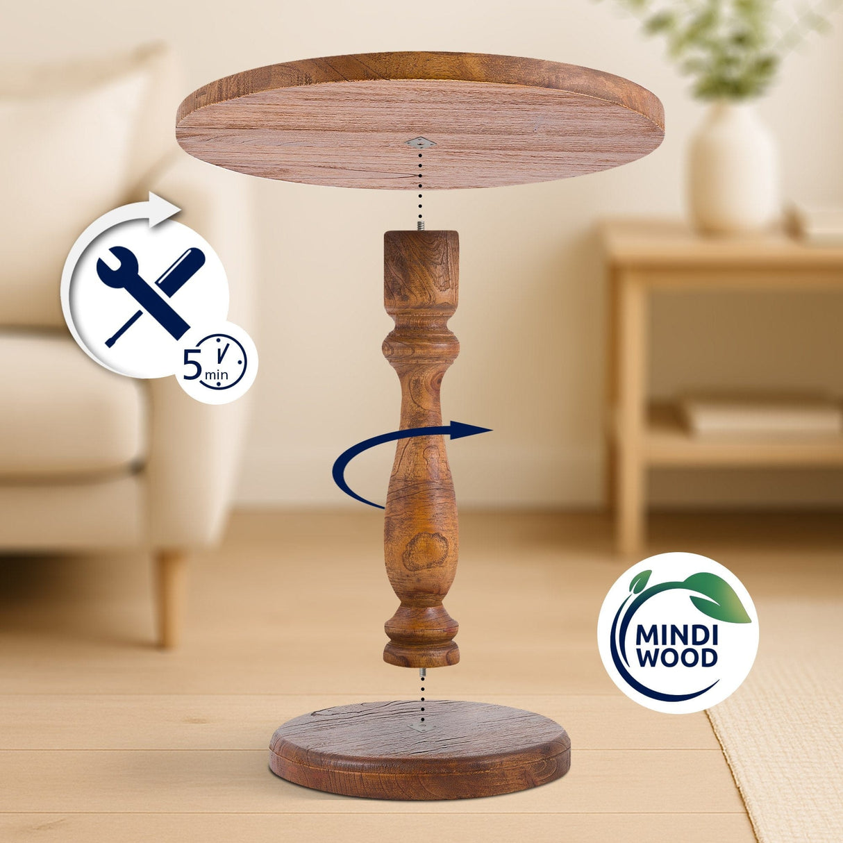 Ronde Bijzettafel Adamsville Rond 50 cm – Massief Mindi Hout – Landhuisstijl Bijzettafels Knuska