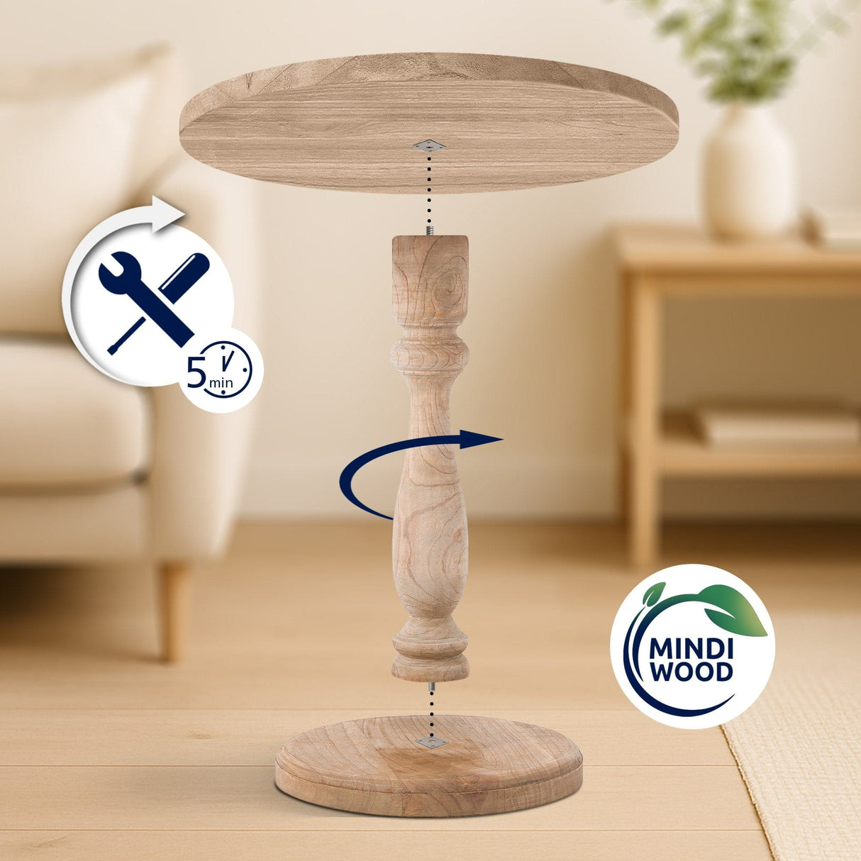 Ronde Bijzettafel Adamsville Rond 50 cm – Massief Mindi Hout – Landhuisstijl Bijzettafels Knuska