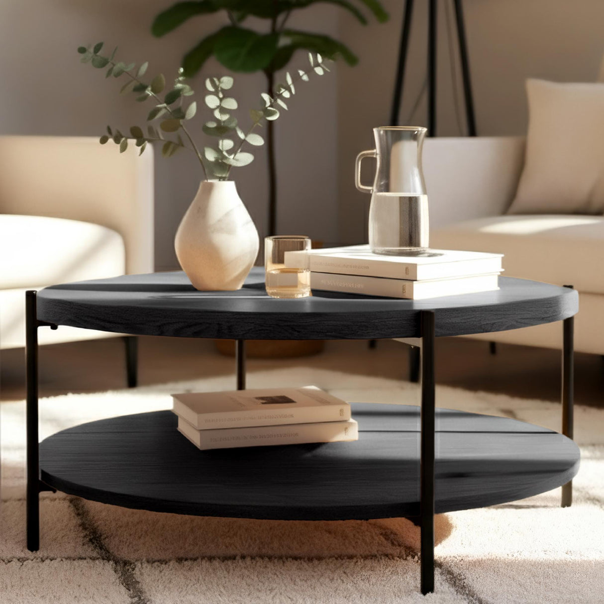 Salontafel Edduma Rond groot – 2-delige Set – Hout & Zwart Metaal – Modern - 80cm Salontafels Knuska