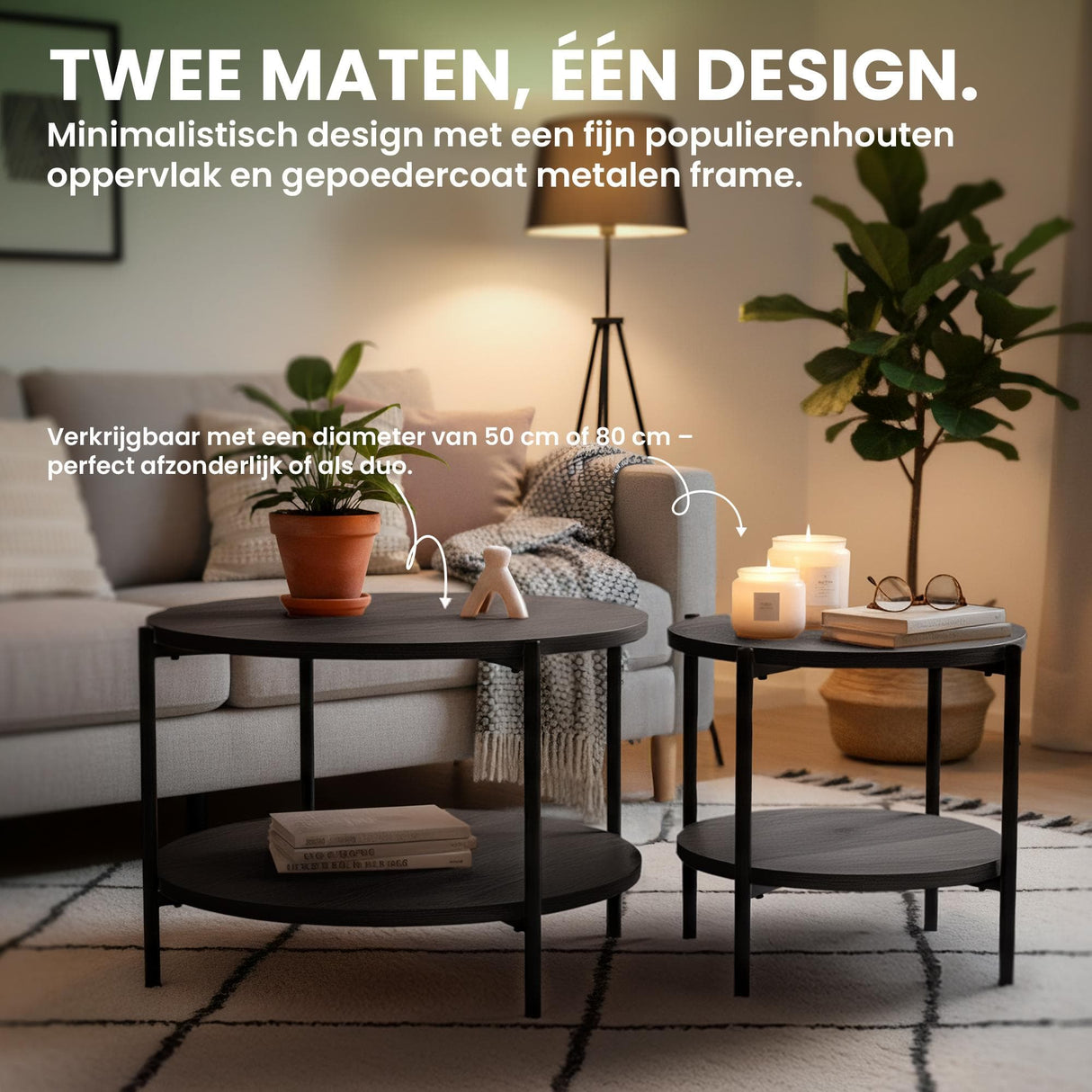 Salontafel Edduma Rond groot – 2-delige Set – Hout & Zwart Metaal – Modern - 80cm Salontafels Knuska