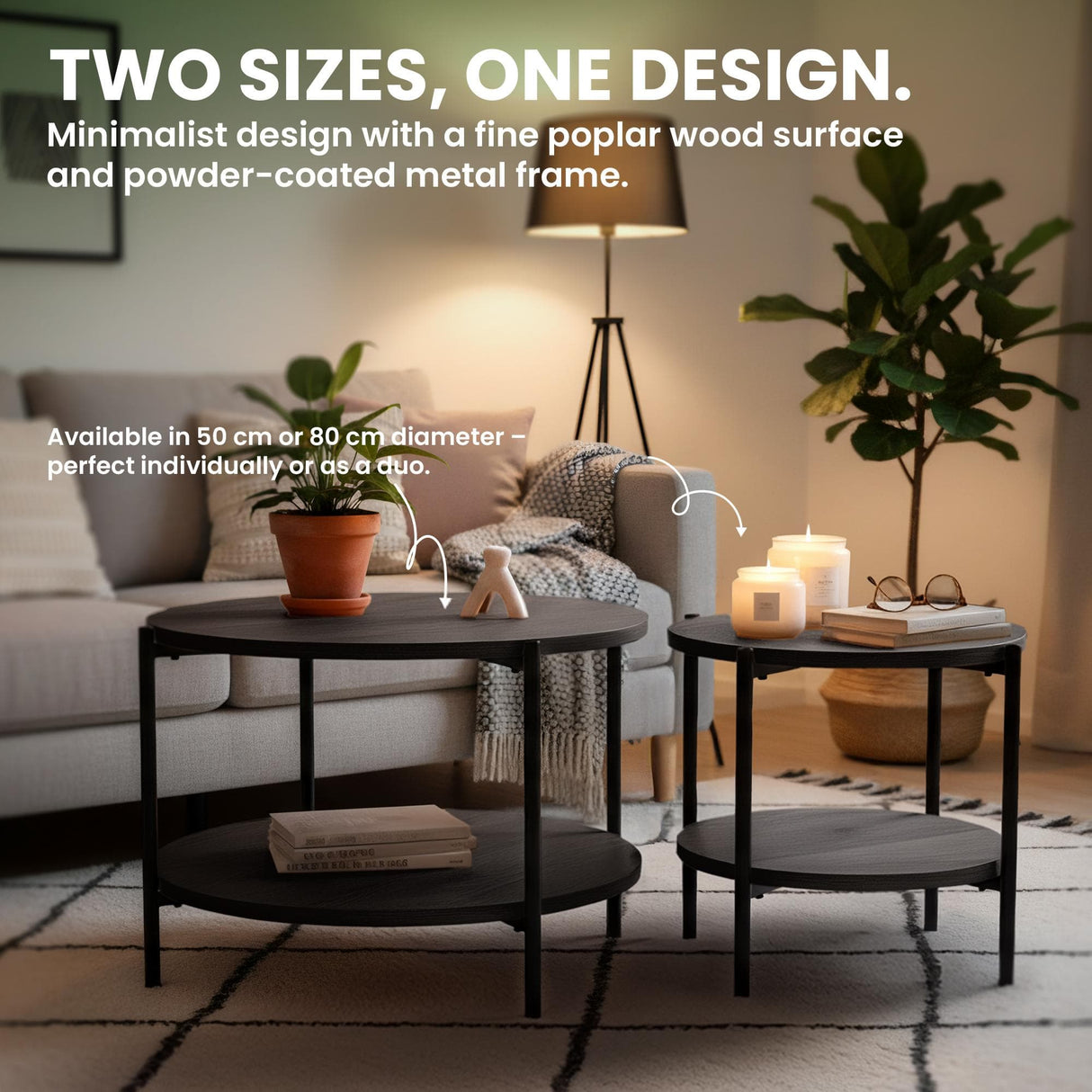 Salontafel Edduma Rond groot – 2-delige Set – Hout & Zwart Metaal – Modern - 80cm Salontafels Knuska