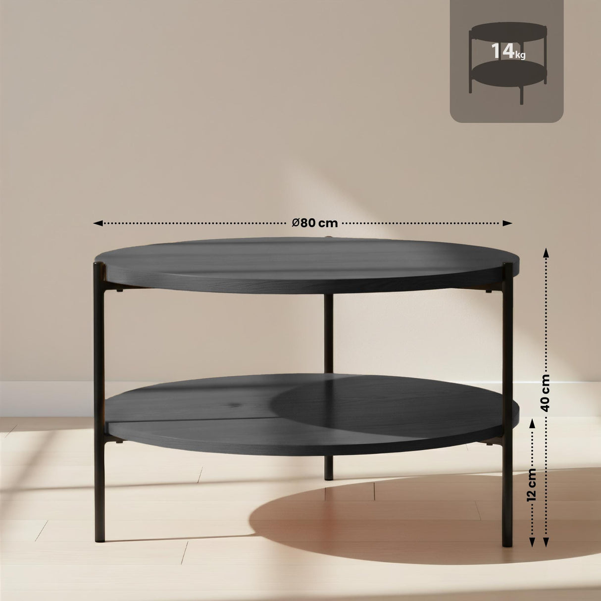 Salontafel Edduma Rond groot – 2-delige Set – Hout & Zwart Metaal – Modern - 80cm Salontafels Knuska