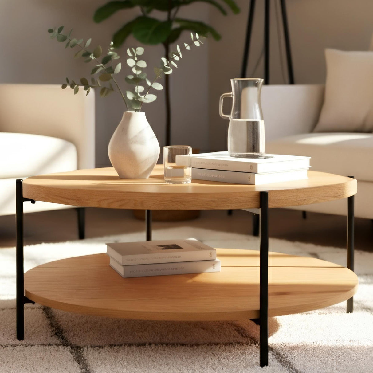 Salontafel Edduma Rond groot – 2-delige Set – Hout & Zwart Metaal – Modern - 80cm Salontafels Knuska