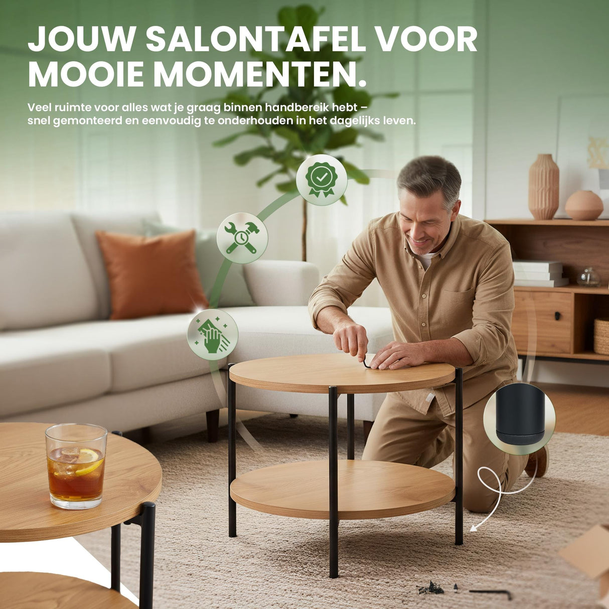 Salontafel Edduma Rond groot – 2-delige Set – Hout & Zwart Metaal – Modern - 80cm Salontafels Knuska