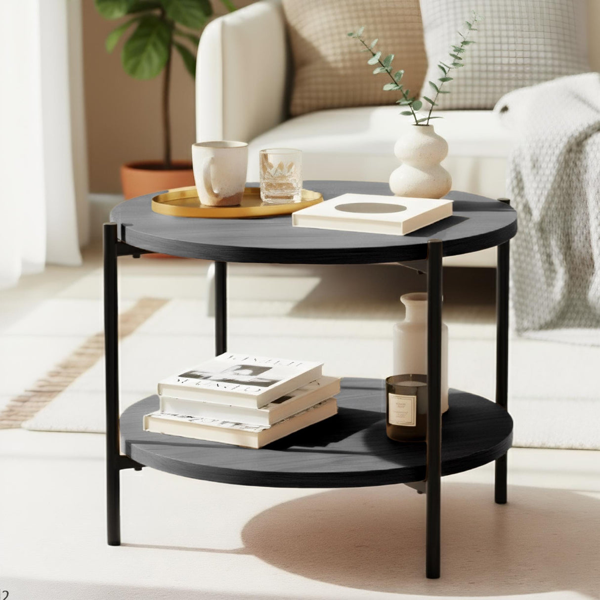 Salontafel Edduma Rond klein – Hout & Zwart Metaal – Modern Design - 50cm Coffee Tables Knuska
