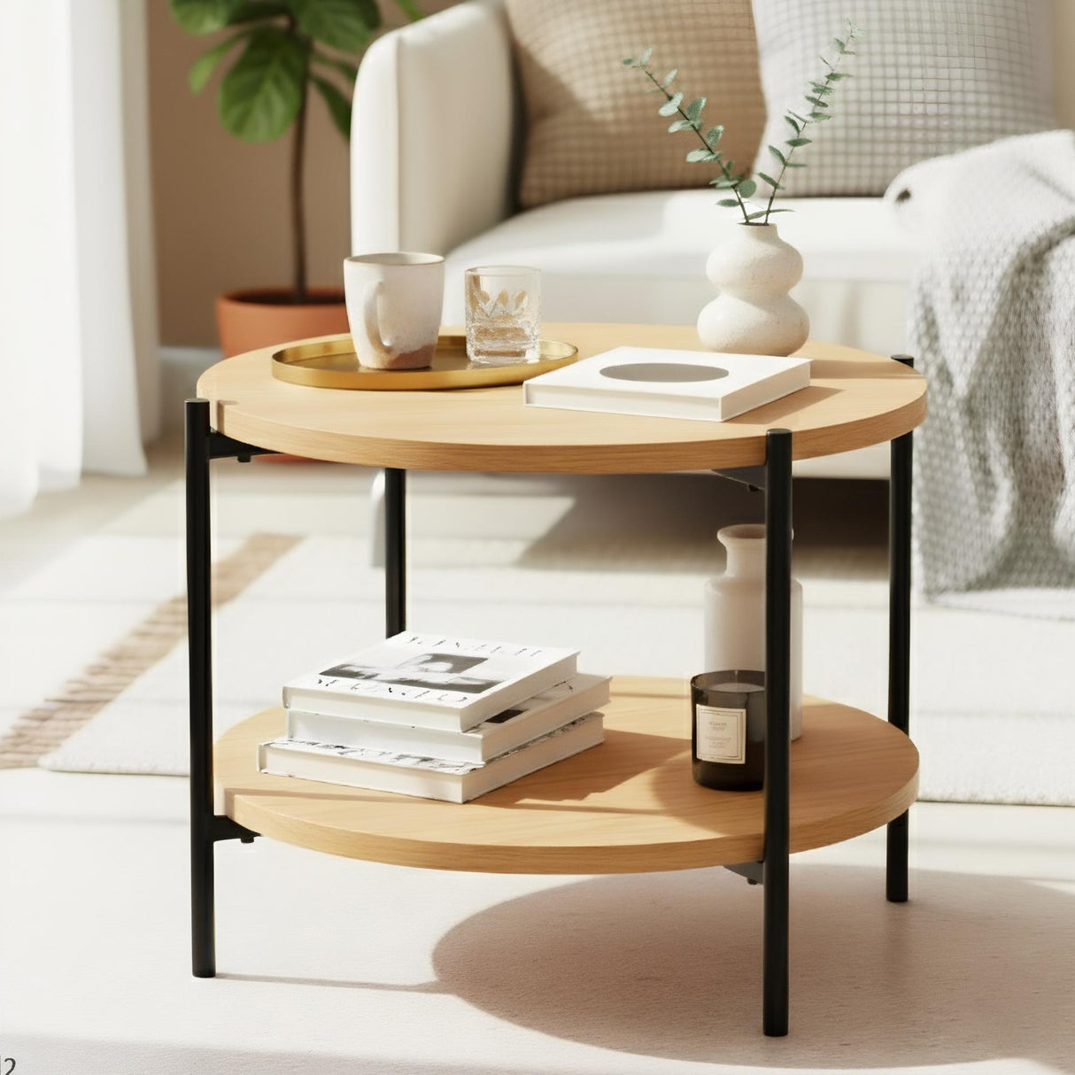 Salontafel Edduma Rond klein – Hout & Zwart Metaal – Modern Design - 50cm Coffee Tables Knuska