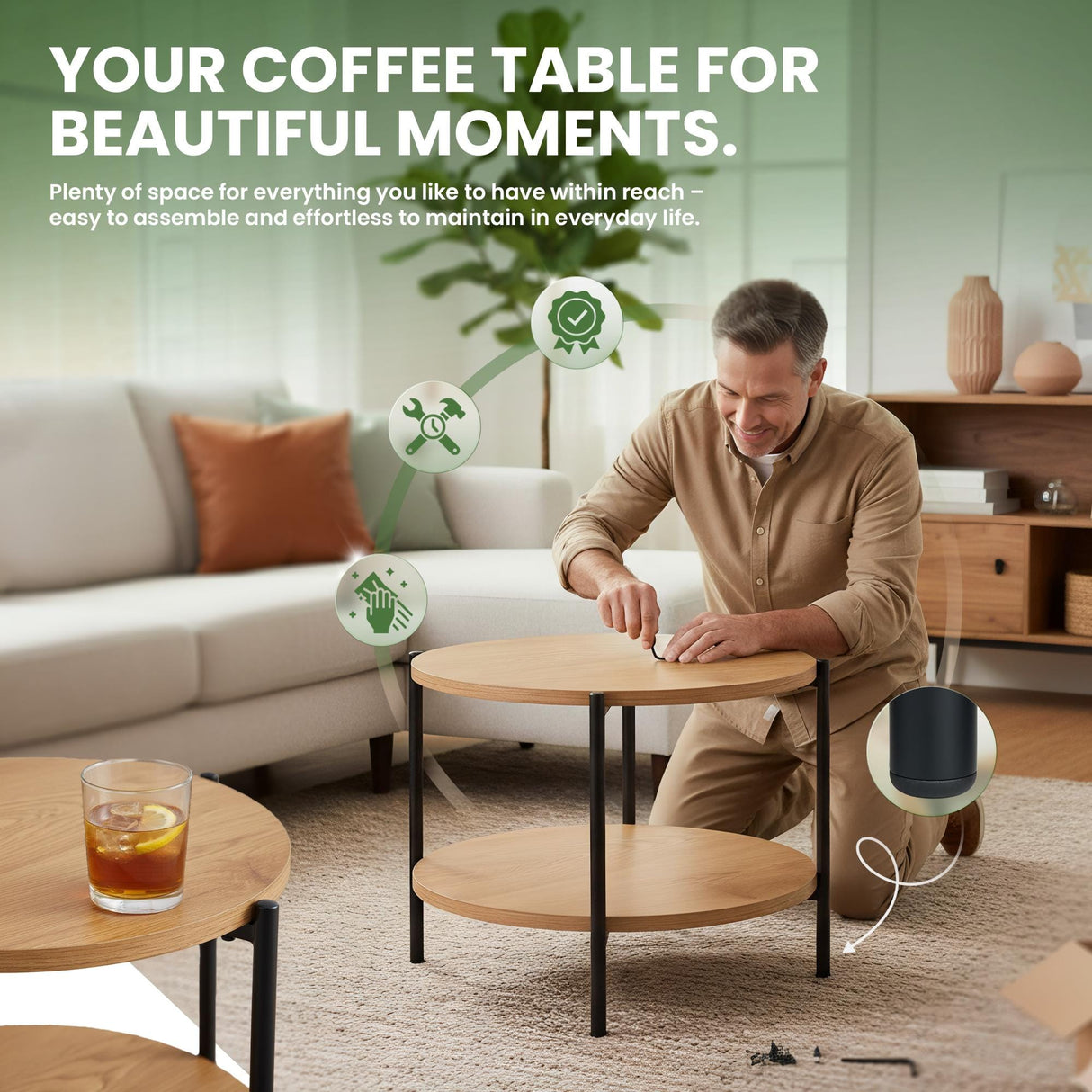 Salontafel Edduma Rond klein – Hout & Zwart Metaal – Modern Design - 50cm Coffee Tables Knuska