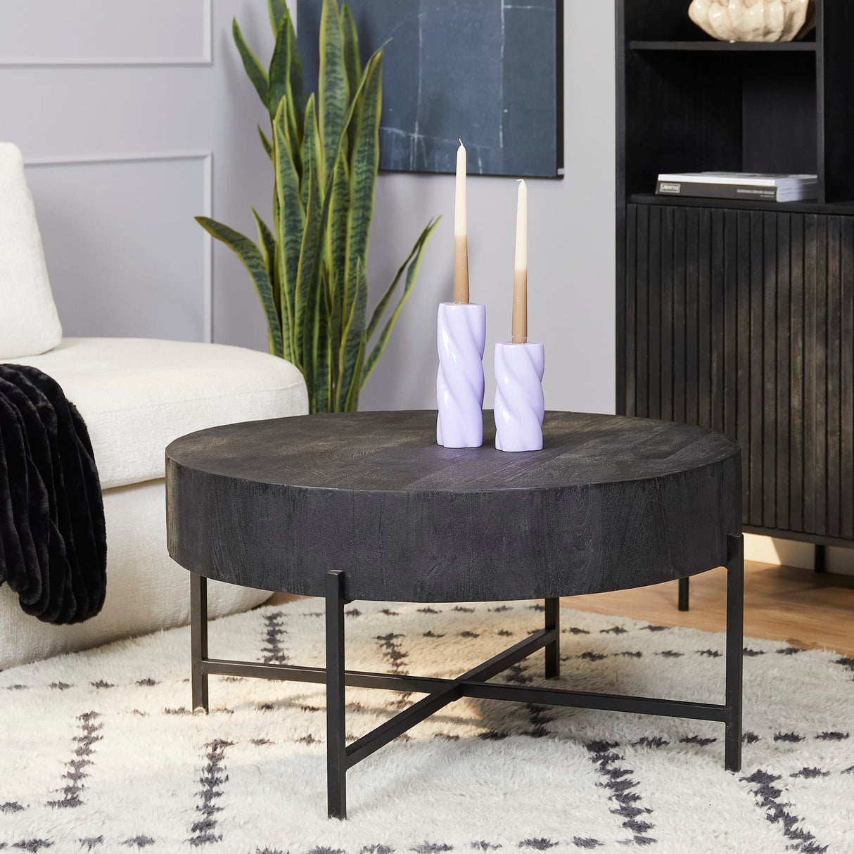 Salontafel - Rond Zwart Mangohout - 80 cm - Metalen Kruispoot Coffee Tables Starfurn