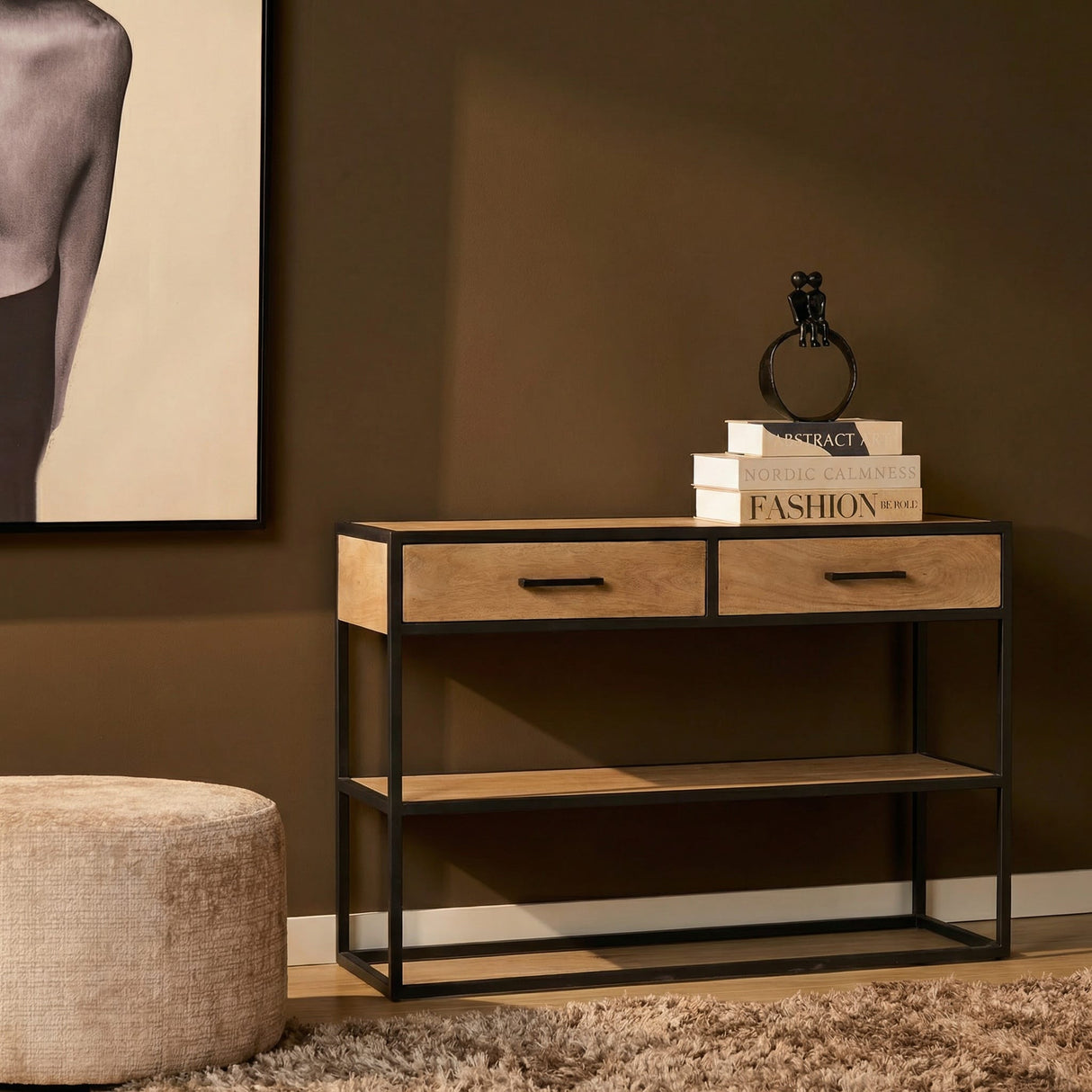 Sidetable - Naturel - Mangohout - Metaal - 120 cm - 2 Laden End Tables Starfurn