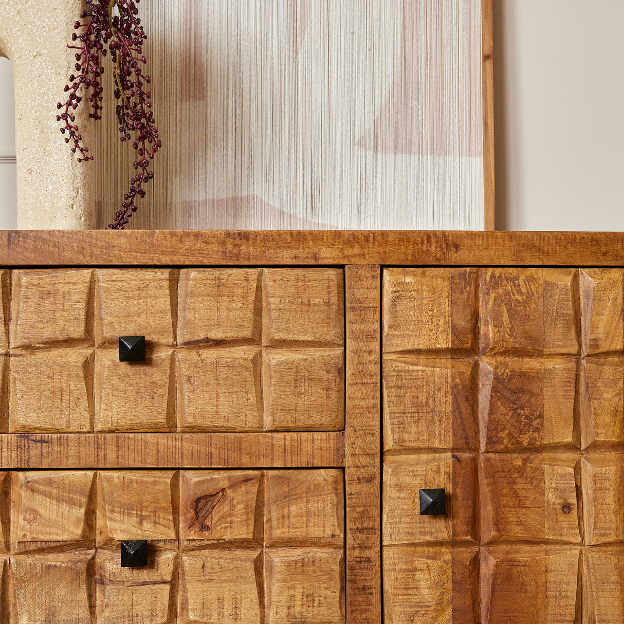 Dressoir - Naturel - Mangohout - Blokpatroon - 160 cm