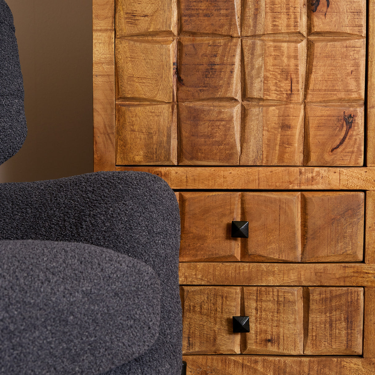 Kabinet Naturel Mangohout - 100 cm - Uniek Blokkenpatroon en Vier Lades