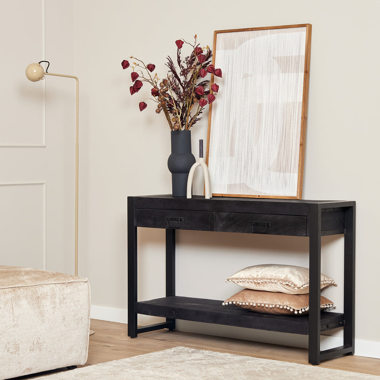 Sidetable - Zwart - Mangohout - Metaal - 120 cm - 2 Laden