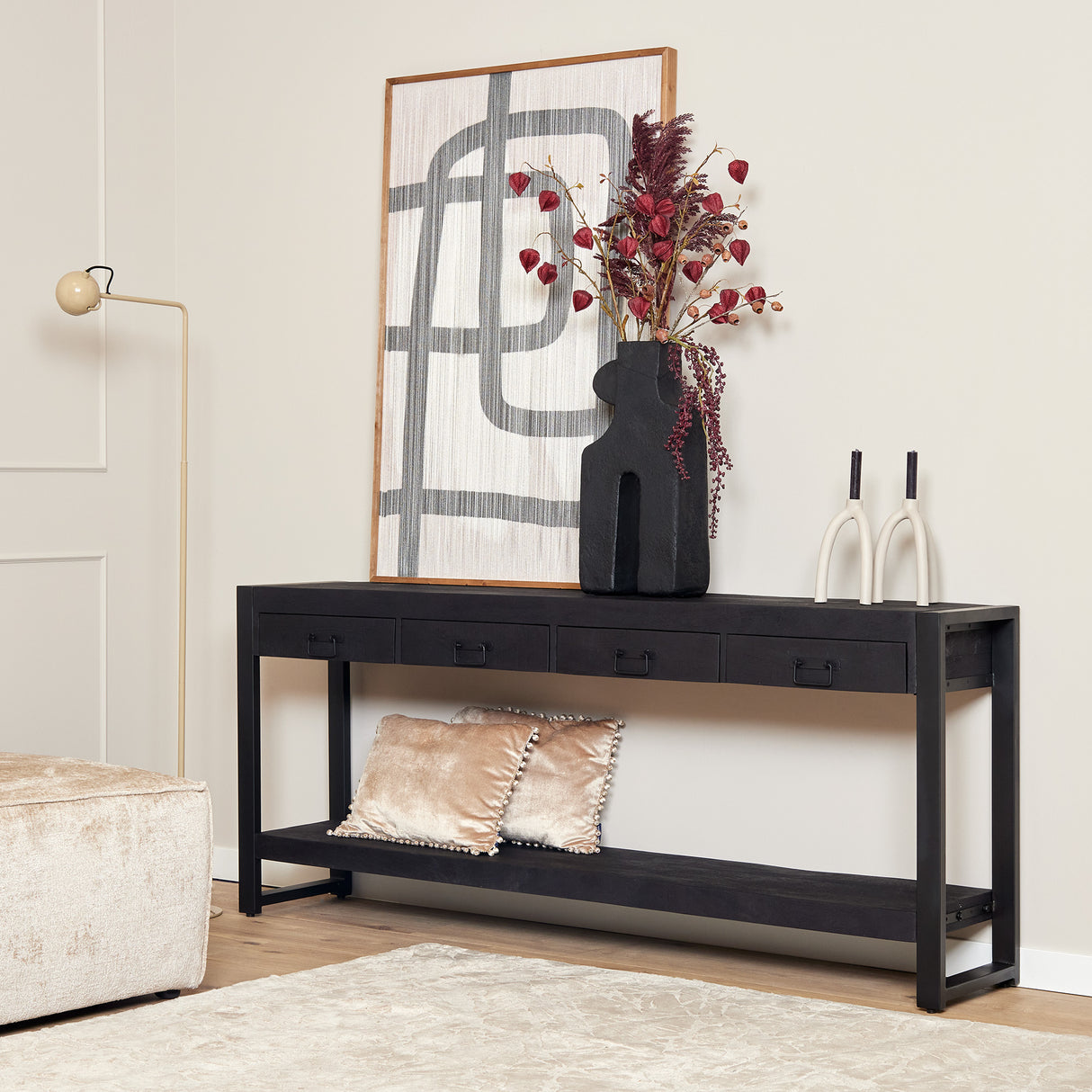 Sidetable - Zwart - Mangohout - Metaal - 180 cm - 4 Lades