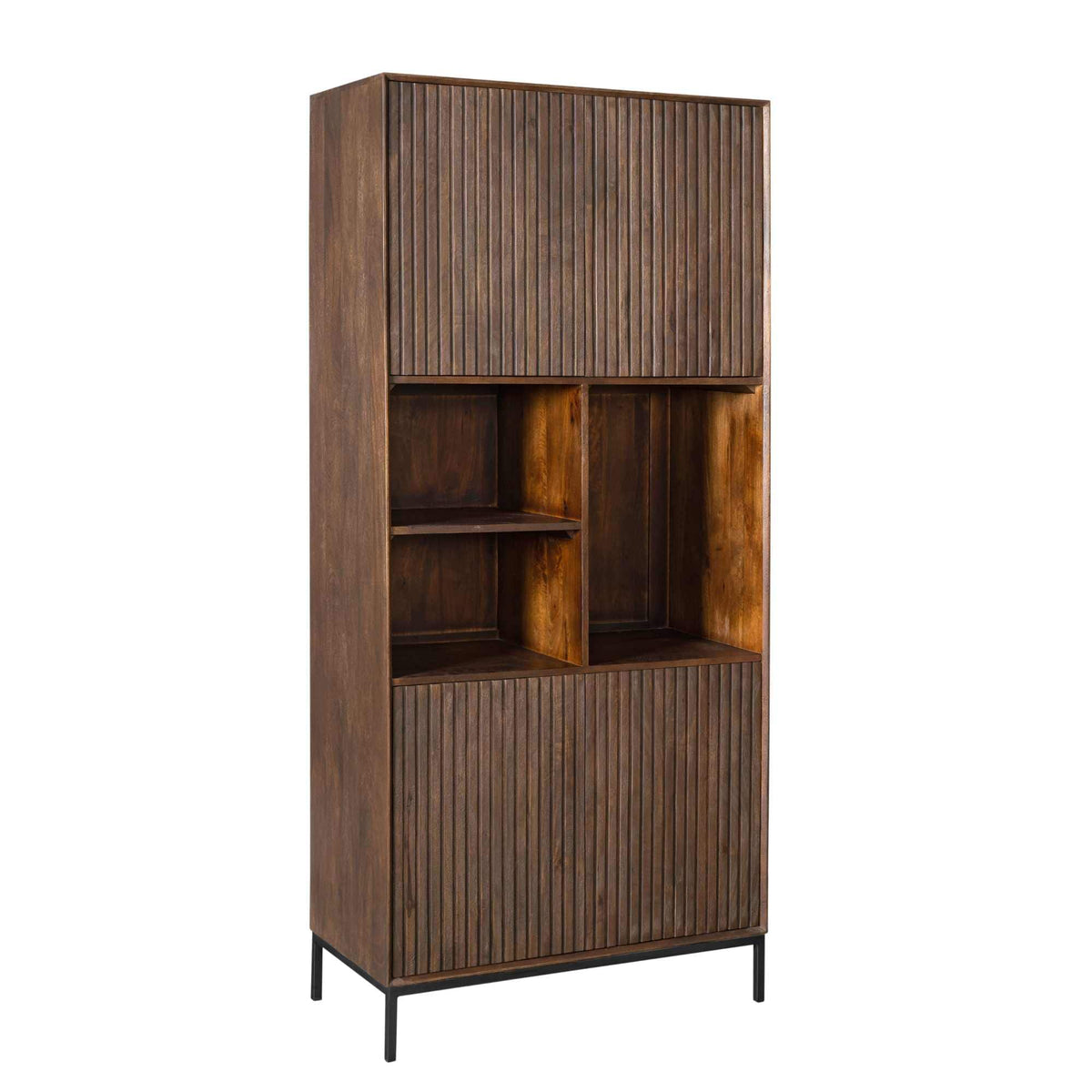 Vakkenkast - Bruin Mangohout - 90 cm - Verticaal Lattenpatroon - 2 Deuren & 3 Open Vakken Tall Display Cabinets Starfurn