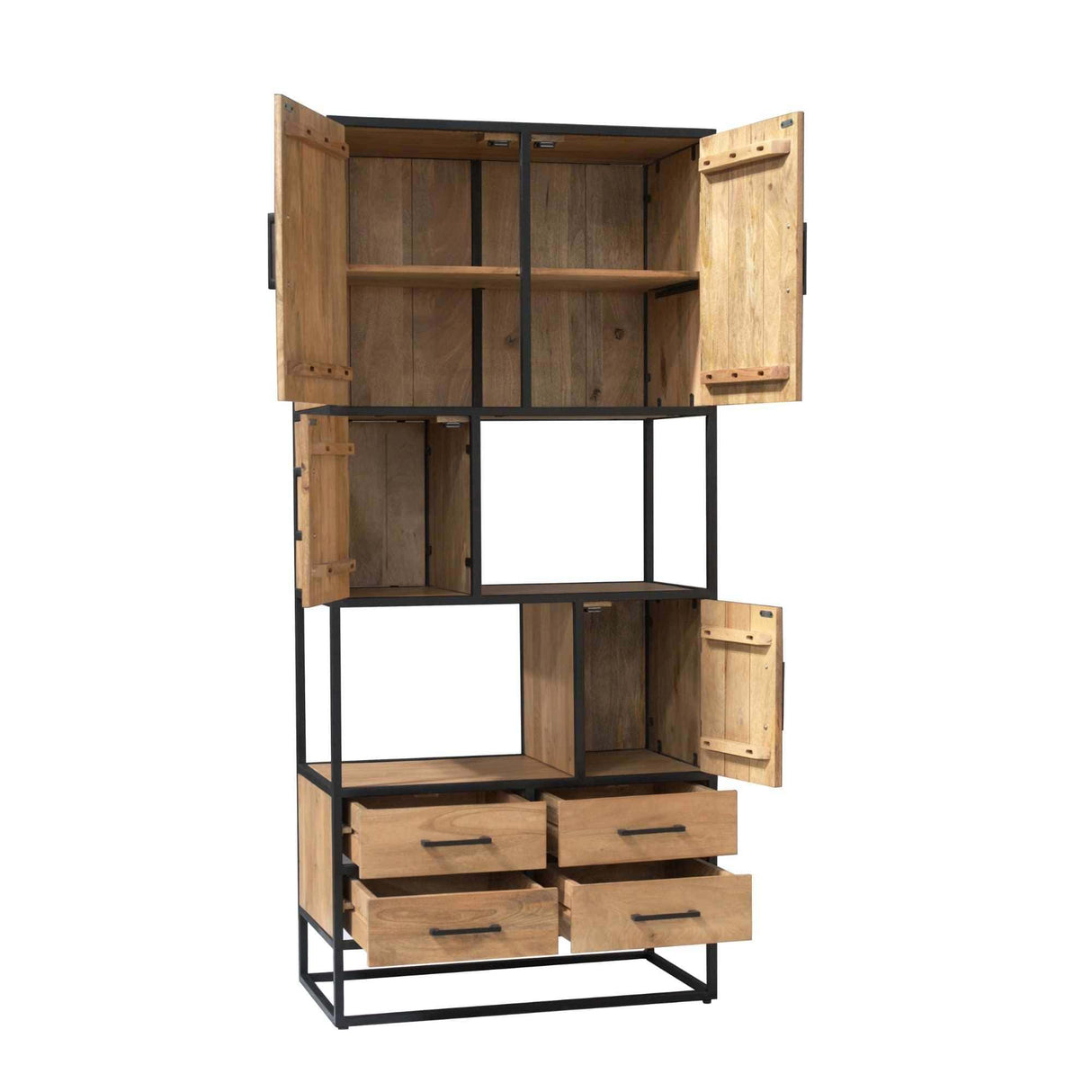 Vakkenkast - Naturel Mangohout - 90x200 cm - 4 Deuren, 4 Laden & 2 Open Vakken Storage Cabinets & Lockers Starfurn