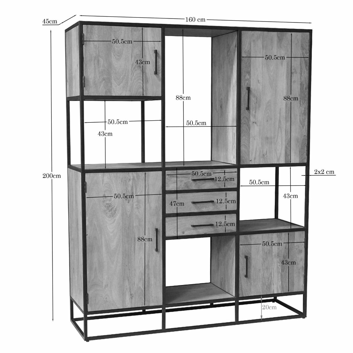 Vakkenkast XXL - Naturel Mangohout - 160x200 cm - 4 Deuren & 3 Laden Tall Display Cabinets Starfurn
