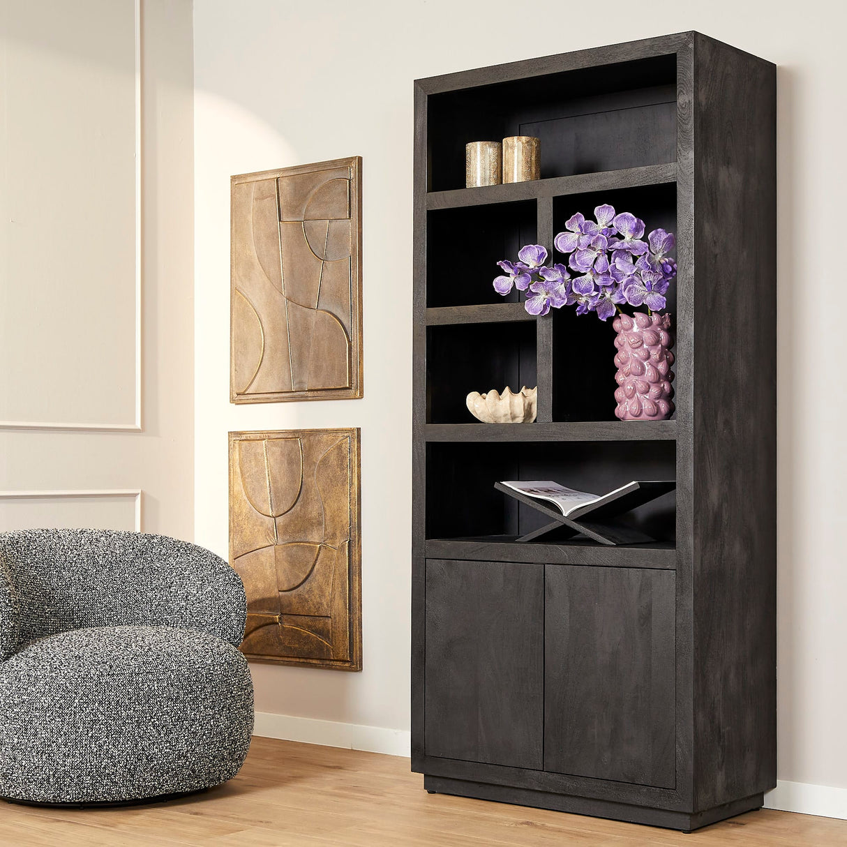 Vakkenkast - Zwart Mangohout - 90x200 cm - 2 Deuren & 5 Open Vakken Bookcases & Standing Shelves Starfurn