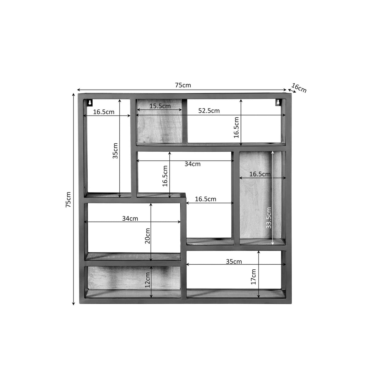 Vierkant Wandrek - Naturel Mangohout - 75x75 cm - Industrieel Metalen Frame Floating Wall Shelves & Ledges Starfurn