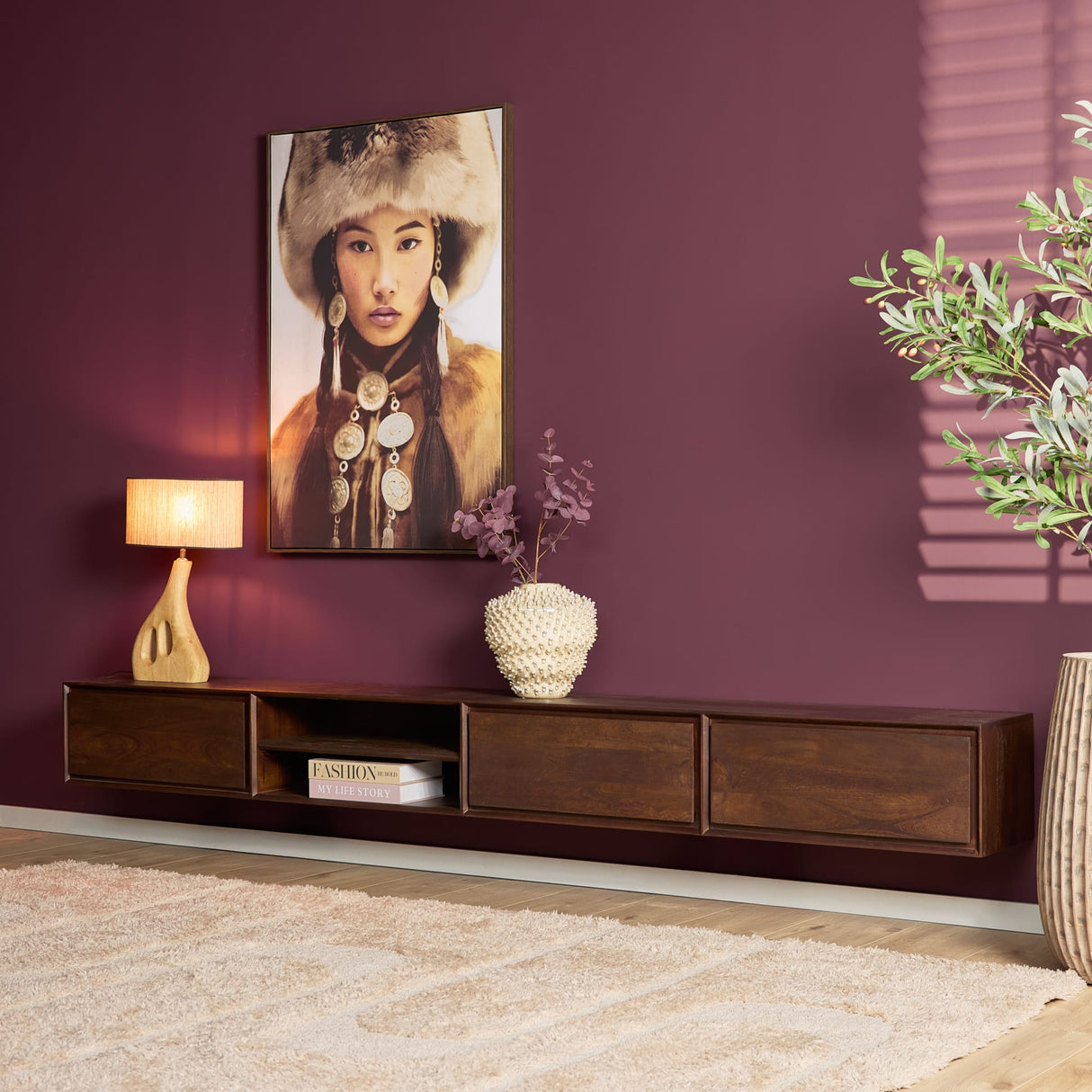 Zwevend Tv-meubel - Naturel Mangohout - 120 cm - 1 Lade & 2 Open Vakken Entertainment Centers & TV Stands Starfurn