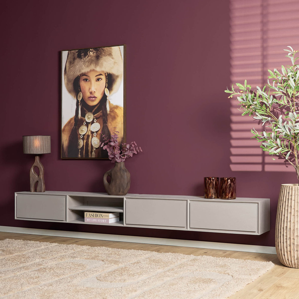 Zwevend Tv-meubel - Taupe Mangohout - 280 cm - 3 Lades & 2 Open Vakken Entertainment Centers & TV Stands Starfurn