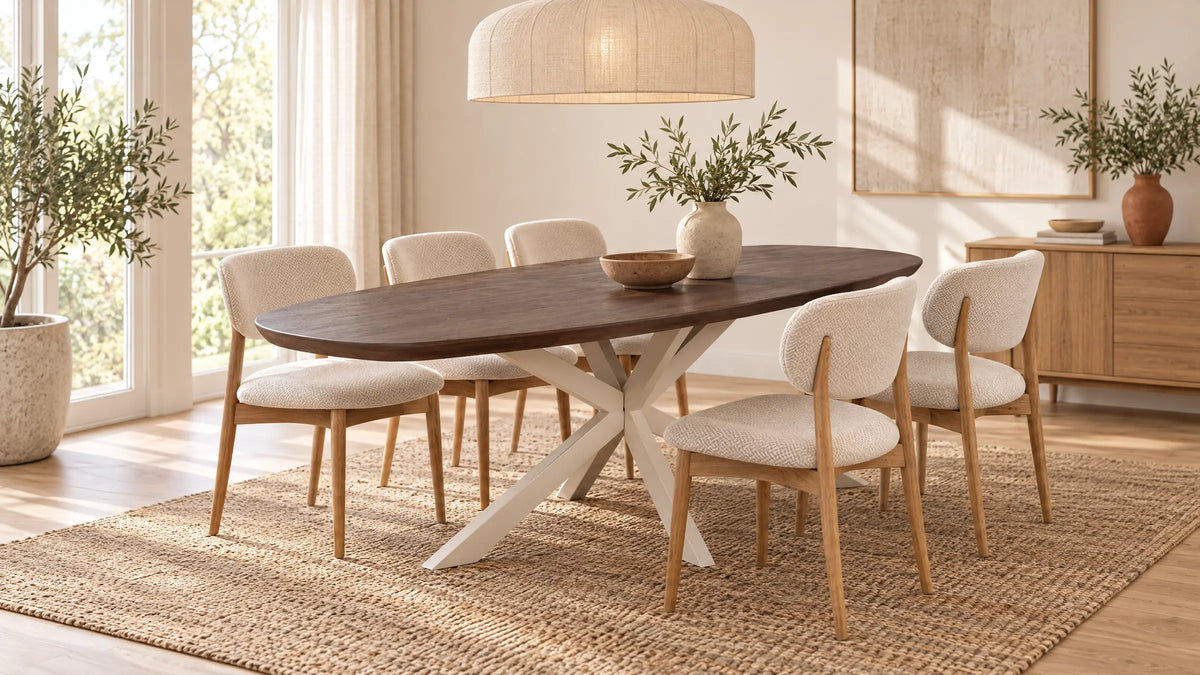 Deens ovale mangohouten eettafel met zes stoelen in een eetkamer