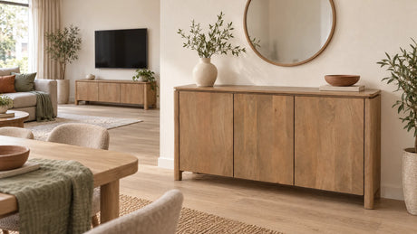 Mangohouten dressoir in de eetkamer en een lager tv-meubel op de achtergrond