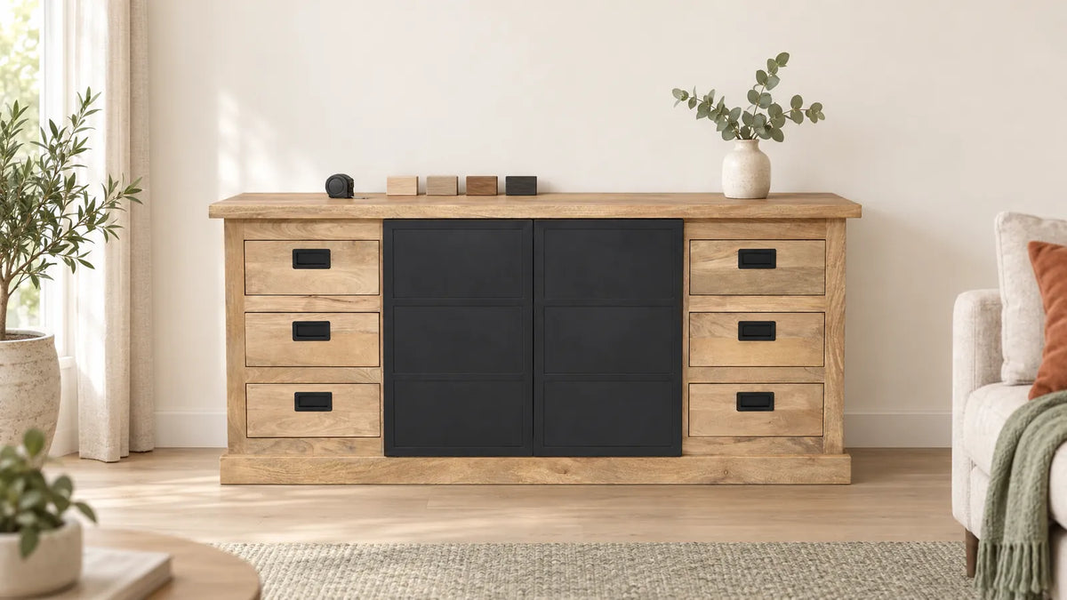 Mangohouten dressoir met zwarte metalen deuren, een meetlint en vier houtstalen
