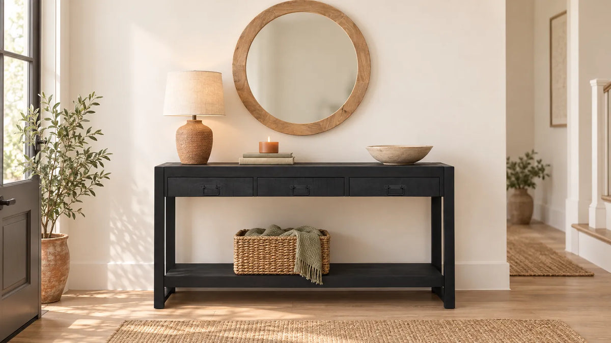 Gestylde sidetable in de hal met lamp, boeken, schaal en een ronde spiegel