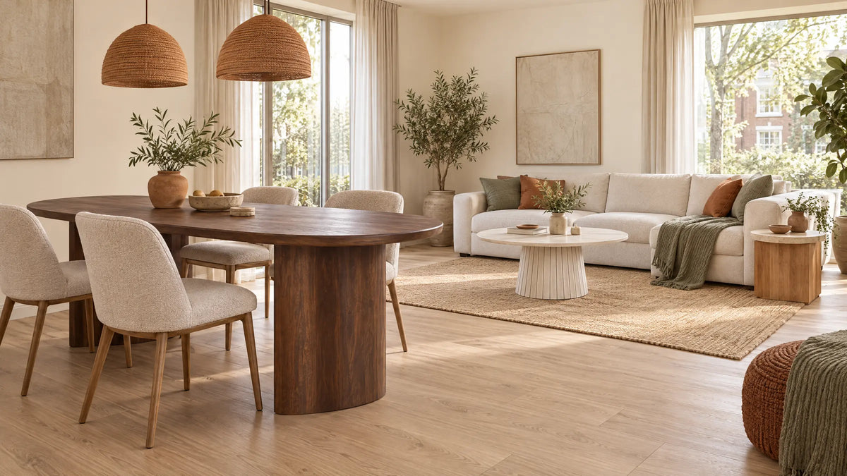 Woonkamer met eettafel, ronde salontafel en bijzettafel naast de bank