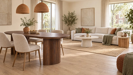 Woonkamer met eettafel, ronde salontafel en bijzettafel naast de bank